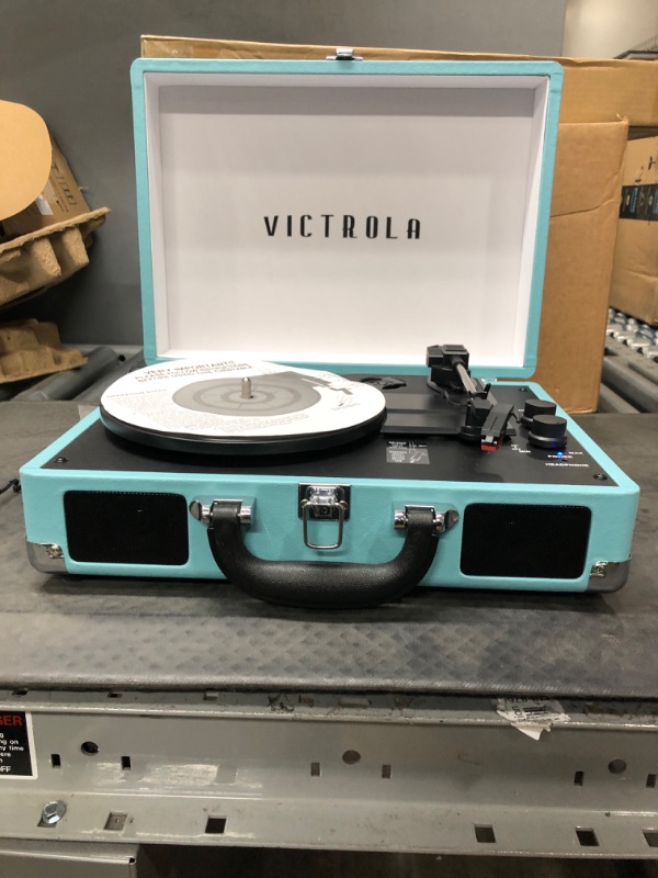 Photo 2 of ***TESTED WORKING SEE NOTES*** Victrola Vintage 3-Speed Bluetooth Portable Suitcase Record Player with Built-in Speakers | Upgraded Turntable Audio Sound| Includes Extra Stylus | Turquoise, Model Number: VSC-550BT