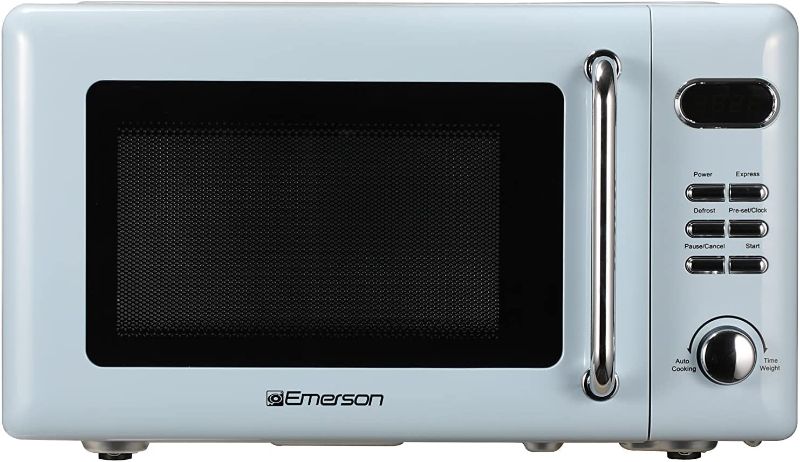 Photo 2 of ***TESTED WORKING; FACTORY SEALED*** Emerson Radio MWR7020W Digital, 700W with 5 Micro Power Levels, 8 Pre-Programmed Settings, Express & Defrost, Chrome Handle & Control Buttons, Timer & LED Display Microwave Oven, 0.7, Retro Blue 0.7