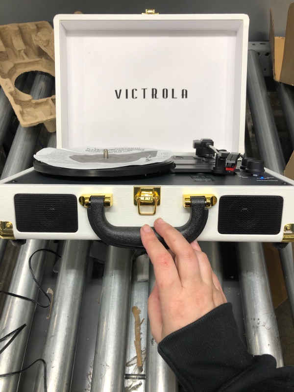 Photo 3 of ***TESTED WORKING SEE NOTES*** Victrola Vintage 3-Speed Bluetooth Portable Suitcase Record Player with Built-in Speakers | Upgraded Turntable Audio Sound| White (VSC-550BT-WH) White Record Player