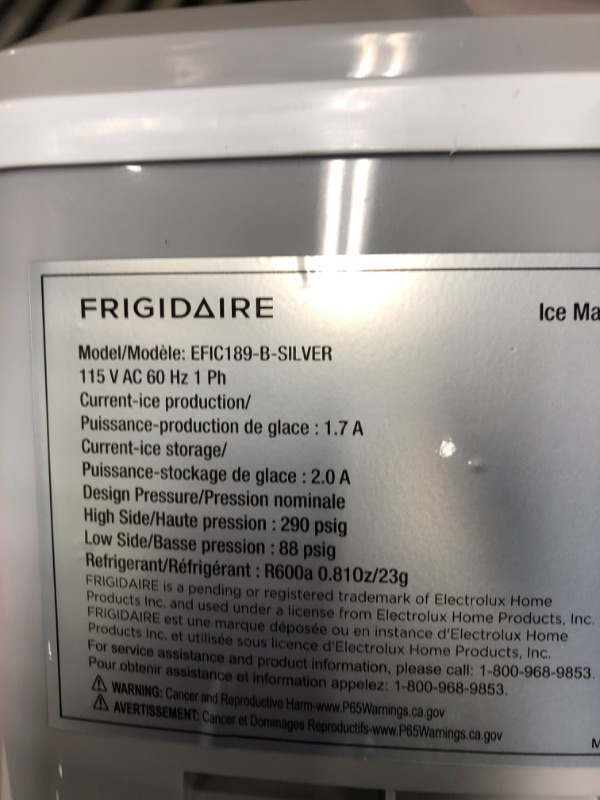Photo 7 of ***FACTORY SEALED*** FRIGIDAIRE EFIC189-Silver Compact Ice Maker, 26 lb per Day, Silver (Packaging May Vary) Silver Ice Maker ***COSMETIC DAMAGE SEE PHOTOS***