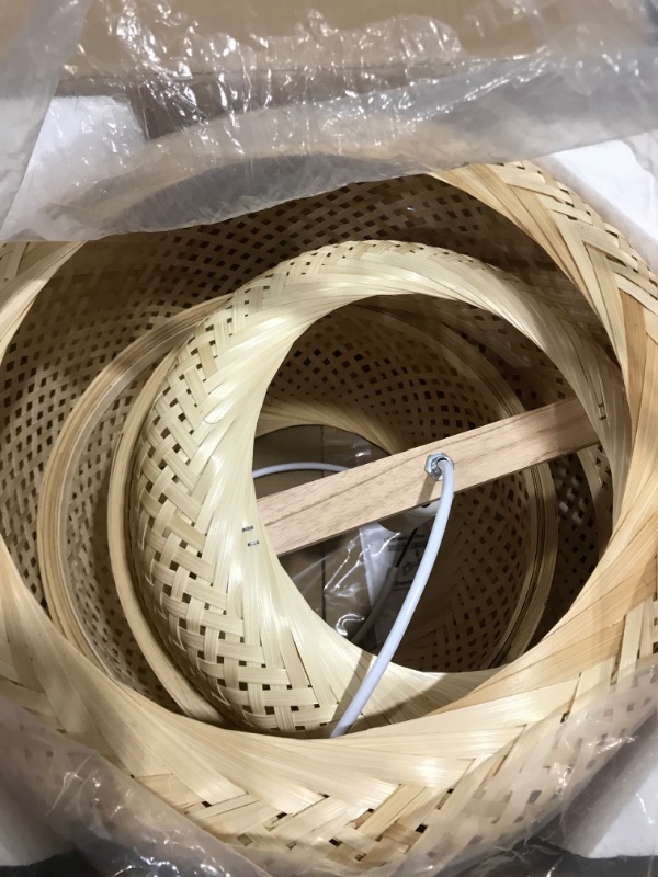 Photo 2 of *USED*Bamboo Pendant Light Fixture, Hand-Woven Rattan Boho Hanging Lamp, 1 Pack Farmhouse Interior Flush Mount Ceiling Chandelier for Dining/Living/ Bedroom Kitchen Restaurant (Beige,16.1*16.9inch)
