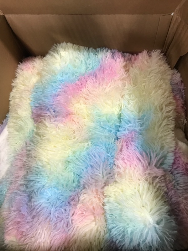 Photo 2 of *USED*Faux Fur Weighted Blanket 15 lbs for Adult 48x72 Inches, Cottonblue Plush Shaggy Fluffy Throw Blanket Twin ?Size, Cozy Warm Furry Weighted Blanket for Couch Sofa Chair Home Decor, Rainbow 48 x 72 15 lb Colorful