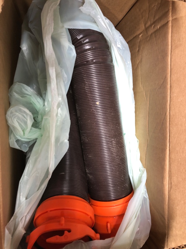 Photo 5 of *USED*Camco 20' (39742) RhinoFLEX 20-Foot RV Sewer Hose Kit, Swivel Transparent Elbow with 4-in-1 Dump Station Fitting-Storage Caps Included , Black , Brown 20ft Sewer Hose Kit Frustration-Free Packaging