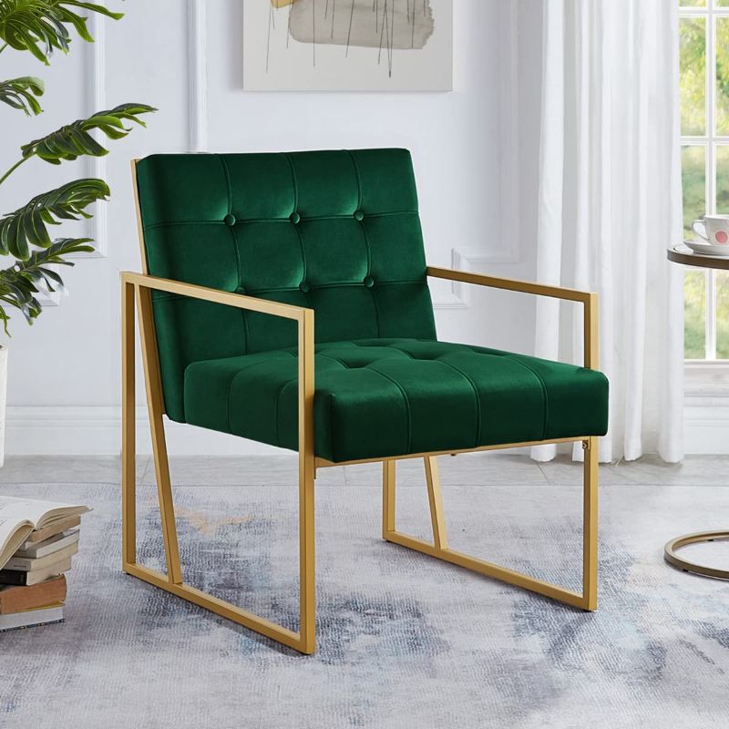 Photo 1 of 24KF Modern Velvet Tufted Accent Chair with Golden Metal Stand, Decorative Furniture Chairs for Living Room -Jade
