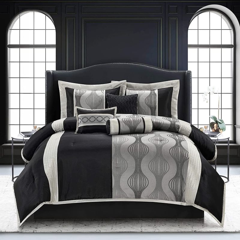 Photo 1 of 
Stratford Park Black and Silver Comforter Set California King Size , 7 Pieces Striped All Season Bedding Set QUEEN
