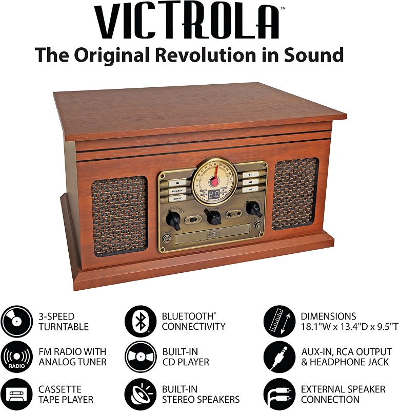 Photo 1 of **tested- poweres on*** Victrola Nostalgic 6-in-1 Bluetooth Record Player & Multimedia Center with Built-in Speakers - 3-Speed Turntable, CD & Cassette Player, FM Radio | Wireless Music Streaming | Mahogany
