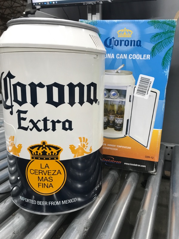 Photo 2 of **Damged** Koolatron Corona 12 Can Portable Mini Fridge w/ 12V DC and 110V AC Cords, 10L (10.6 qt) Beer-Can Shaped Personal Cooler, White, Travel Fridge for Drinks, Snacks, Lunch, Home, Office, Dorm Room, RV