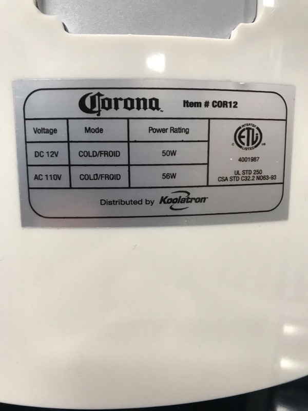 Photo 7 of **Damged** Koolatron Corona 12 Can Portable Mini Fridge w/ 12V DC and 110V AC Cords, 10L (10.6 qt) Beer-Can Shaped Personal Cooler, White, Travel Fridge for Drinks, Snacks, Lunch, Home, Office, Dorm Room, RV