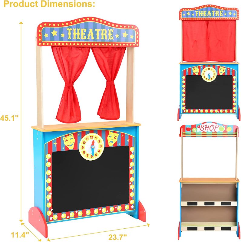 Photo 1 of **** Opened for inspection******
**** Item has not been unpacked*****
***** Factory packing is intact*****
Deluxe Wooden Puppet Theater with Curtains, Blackboard and Clock, Double-Sided Play Store 3-8Y & Kid Puppet Show Theater with 2 Hand Puppets and 4 F