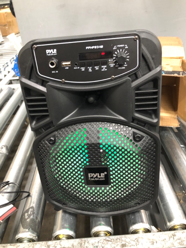 Photo 3 of Pyle Portable Bluetooth PA Speaker System-300W Rechargeable Indoor/Outdoor Bluetooth Speaker Portable System w/ 8” Subwoofer 1” Tweeter, Microphone in, Party Lights, MP3/USB, Radio, Remote PPHP834B