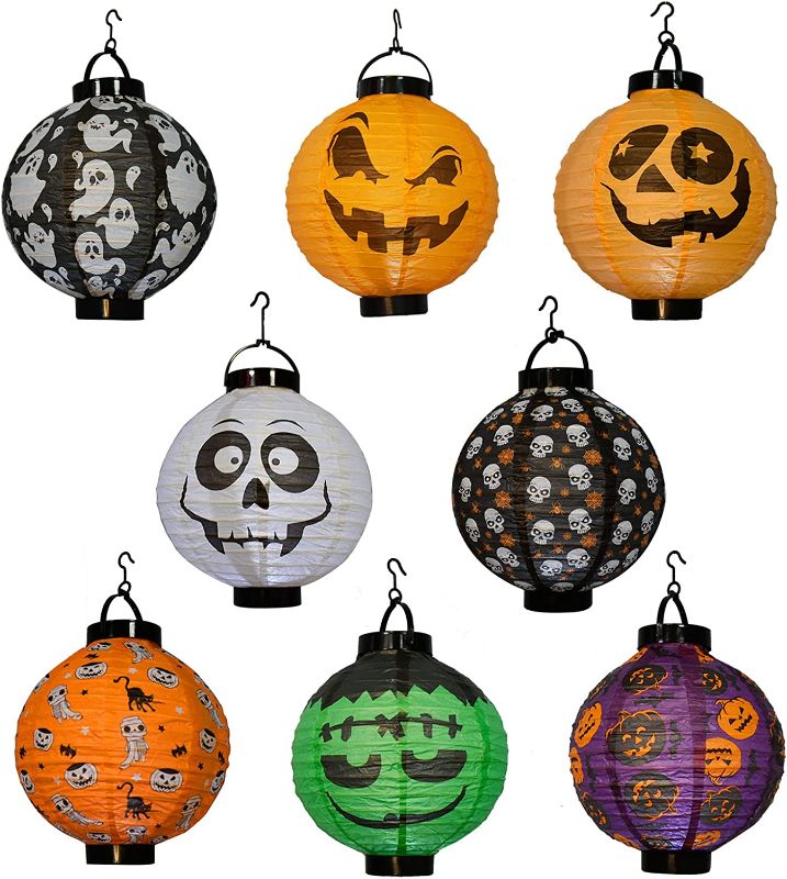 Photo 1 of Halloween Decorations Paper Lanterns with LED Light?8PCS)? Hanging Jack-O' Lantern Spider Skeleton Pumpkin for Halloween Indoor & Outdoor Spooky Home Décor? Halloween Party Supplies Décor 8''
