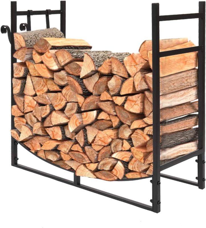 Photo 1 of 3ft Heavy Duty Firewood Rack, Indoor/Outdoor Firewood Log Rack with Kindling Holder for Fireside Tools and Accessories, Black
