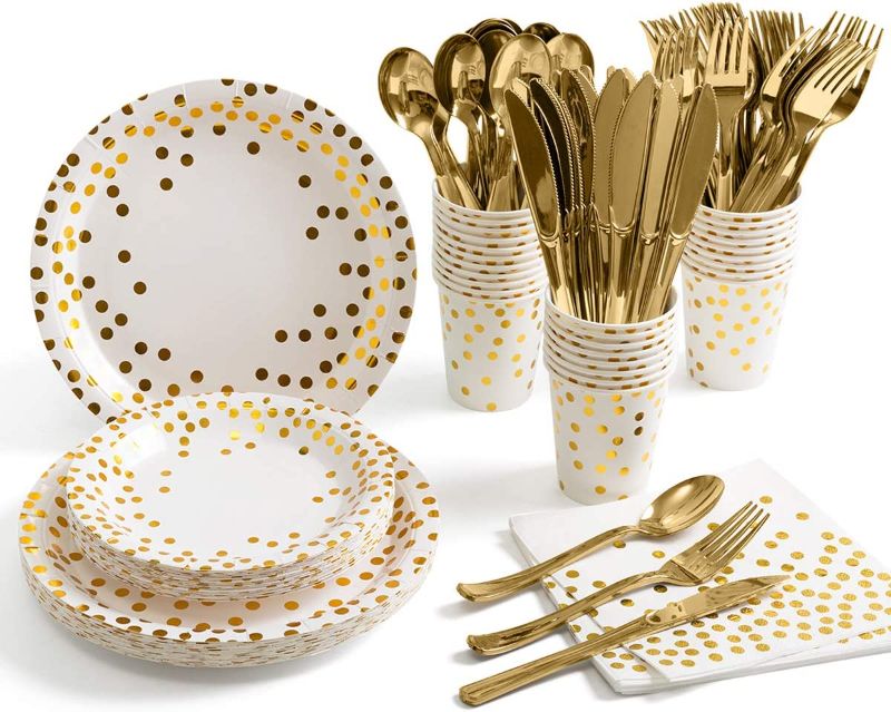 Photo 1 of 175 Piece Gold Party Supplies Set Serves 25 - Gold Paper Plates Napkins Cups with Gold Plastic Silverware Sets for Wedding Bridal Shower Baby Shower Holiday Parties
