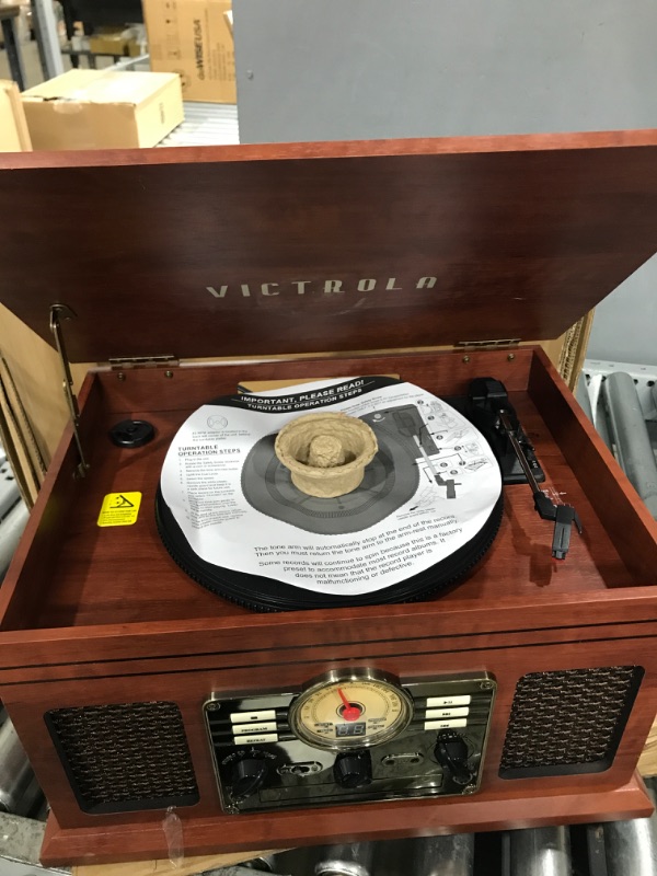 Photo 2 of ***TESTED*** POWERS ON***Victrola Nostalgic 6-in-1 Bluetooth Record Player & Multimedia Center with Built-in Speakers - 3-Speed Turntable, CD & Cassette Player, FM Radio | Wireless Music Streaming | Mahogany Mahogany Entertainment Center