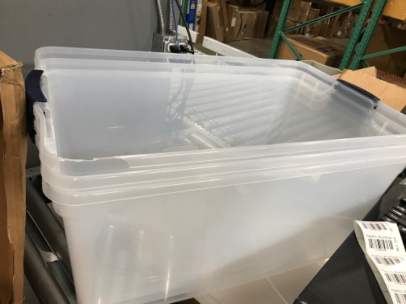 Photo 2 of *** CHIPPED CORNER ON ONE CONTAINER** Rubbermaid Cleverstore Clear Plastic Storage Bins with Lids, 95 Qt-3 Pack, 4 Count
