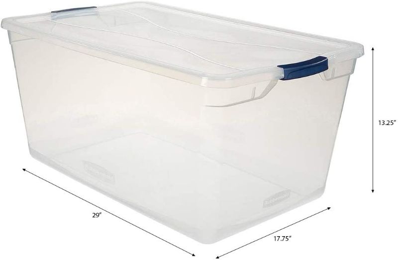 Photo 1 of *** CHIPPED CORNER ON ONE CONTAINER** Rubbermaid Cleverstore Clear Plastic Storage Bins with Lids, 95 Qt-3 Pack, 4 Count
