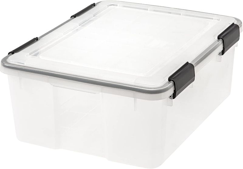 Photo 1 of *** 2 LIDGES ARE DAMAGED*** IRIS USA 30 Quart WEATHERPRO Plastic Storage Box with Durable Lid and Seal and Secure Latching Buckles, Weathertight, Clear with Black Buckles, 3Pack
