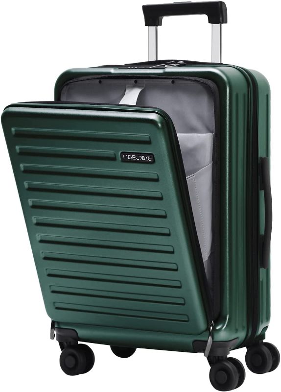 Photo 1 of TydeCkare 20 Inch Carrry On Luggage with Front Zipper Pocket, 45L, Lightweight ABS+PC Hardshell Suitcase with TSA Lock & Spinner Silent Wheels, Convenient for Business Trips, Dark Green
