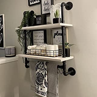 Photo 1 of ROGMARS Industrial Pipe Shelving Bathroom Pipe Shelves with Towel Bar,2 Tier 24 inch Retro White Rustic Farmhouse Pipe Industrial Wall Shelves Bathroom Shelves Over Toilet for Storage
