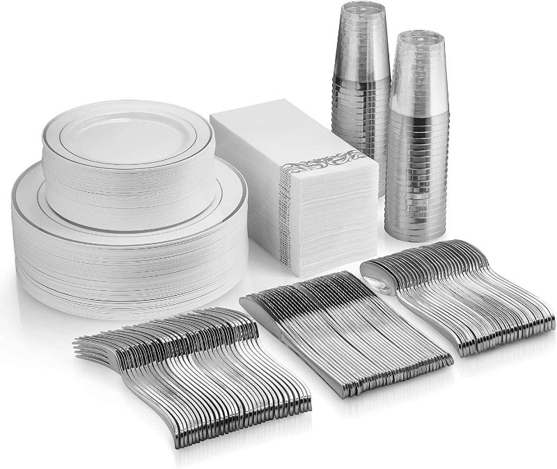 Photo 1 of 350 Piece Silver Dinnerware Set - 50 Guest Silver Rim Plastic Plates - 50 Silver Plastic Silverware - 50 Silver Rim Plastic Cups - 50 Linen Like Silver Paper Napkins, 50 Guest Disposable Silver Dinner
