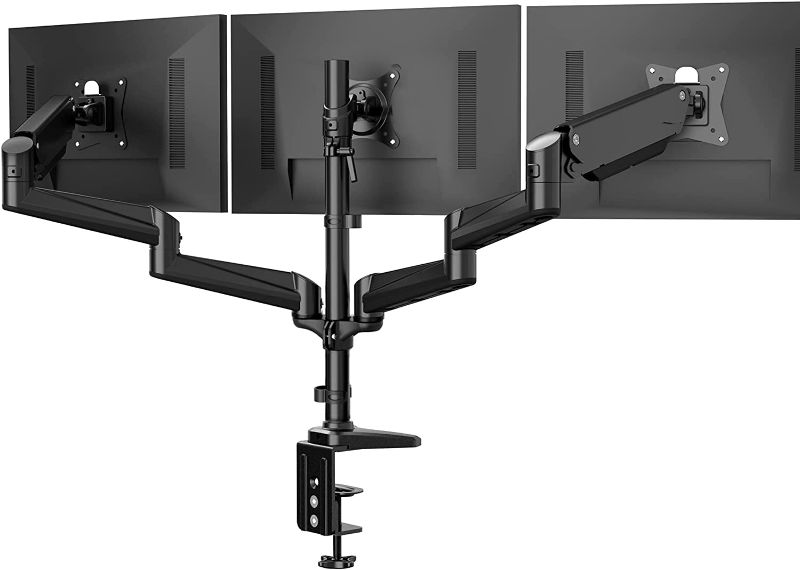 Photo 1 of HUANUO Triple Monitor Stand - 3 Monitor Mount with Gas Spring Monitor Arm Fit Three 17 to 32 inch Flat/Curved LCD Computer Screens with Clamp, Grommet Kit, Black
