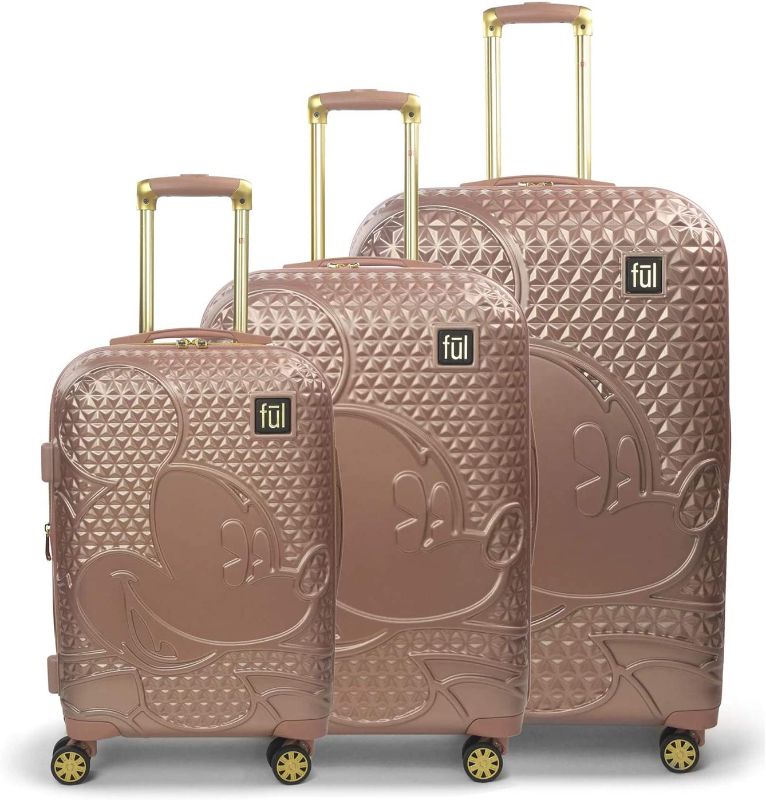 Photo 1 of *Minor Cosmetic Damage on Large Case-See Photos/Clerk Notes* FUL Disney Mickey Mouse 3 Piece Rolling Luggage Set, Hardside Suitcase with Spinner Wheels, 21 Inch, 25 Inch and 29 Inch, Rose Gold
