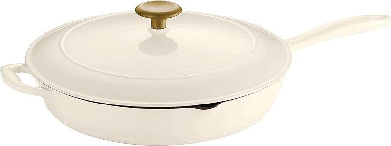 Photo 1 of *Minor Chip-See Photos* Tramontina Skillet Cast Iron 12 in Latte with Gold Stainless Steel Knob, 80131/082DS
