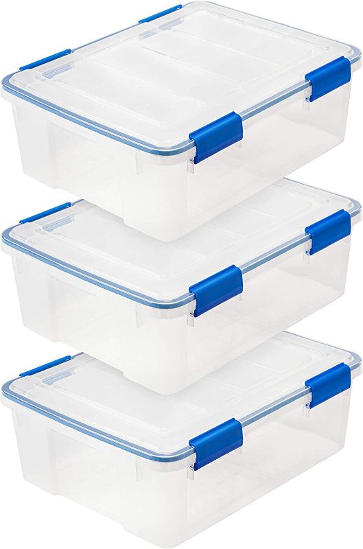 Photo 1 of *Major Damage-Cracked Lids/see Photos* IRIS USA 26.5 Quart WEATHERPRO Plastic Storage Box with Durable Lid and Seal and Secure Latching Buckles, Clear With Blue Buckles, Weathertight, 3 Pack
