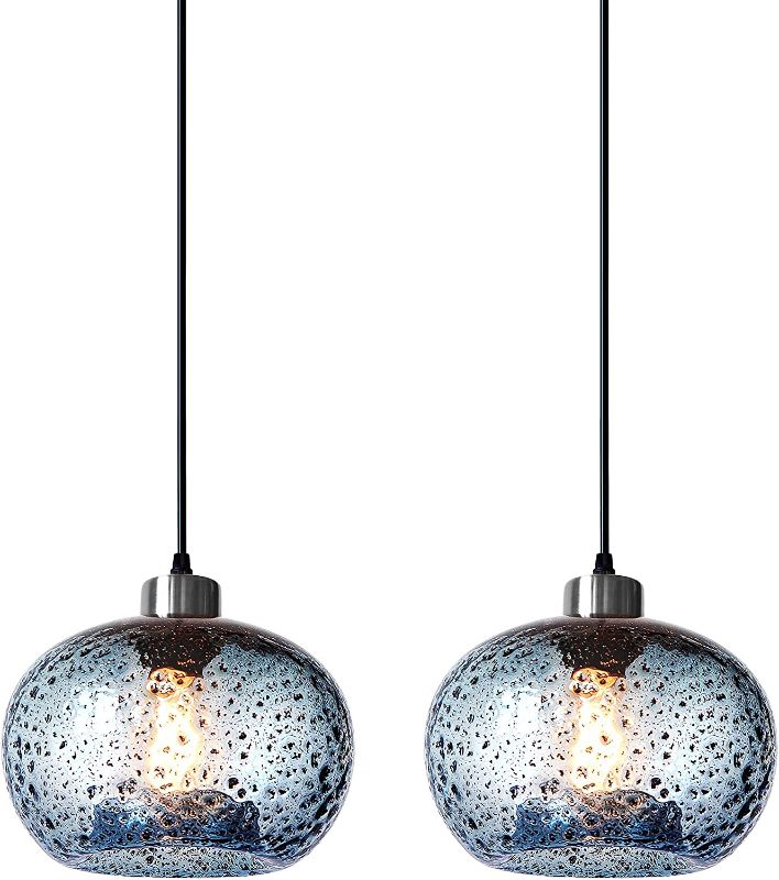 Photo 1 of CASAMOTION Pendant Lighting Kitchen Island Hand Blown Glass Bathroom Light Fixtures Marble Blue Modren Farmhouse Style Hanging Light for Bedside Dining Room Table Brushed Nickel 9 Inch Diam 2-Pack