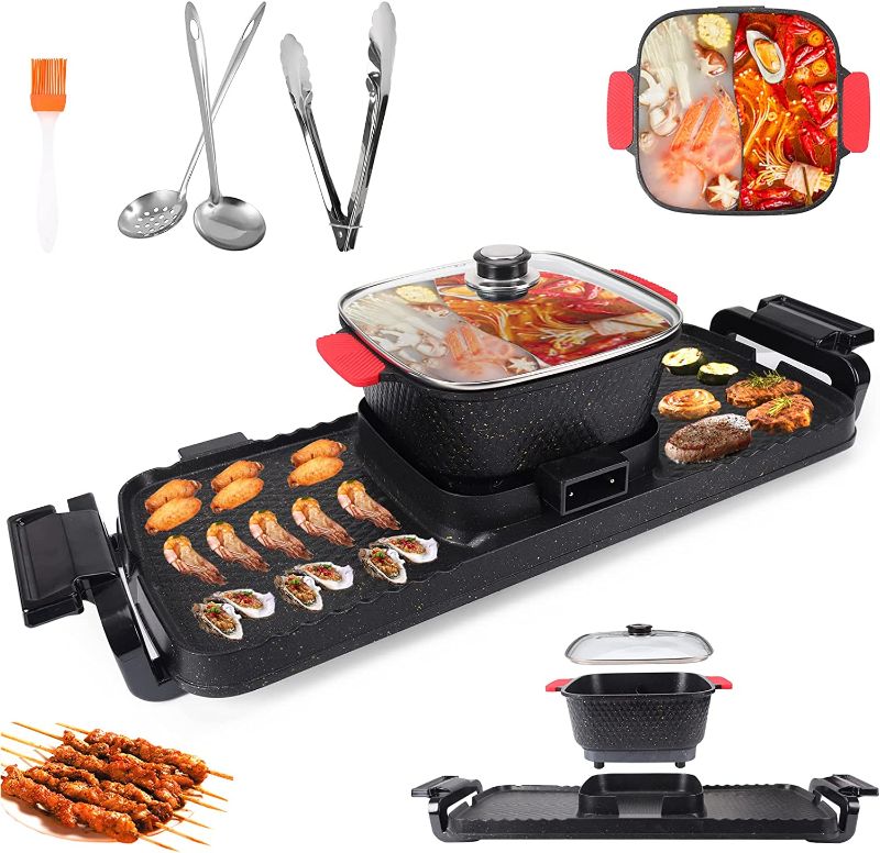 Photo 1 of ***tested**powered on** Barbecue Hot Pot 2 In 1, Indoor Korean BBQ, Dual Control Shabu Shabu, Hot Pot with Grill, Multifunction Smoke Free Stove Portable with Free Spoons, Brushes, Pliers, Strainer Scoops 110v.