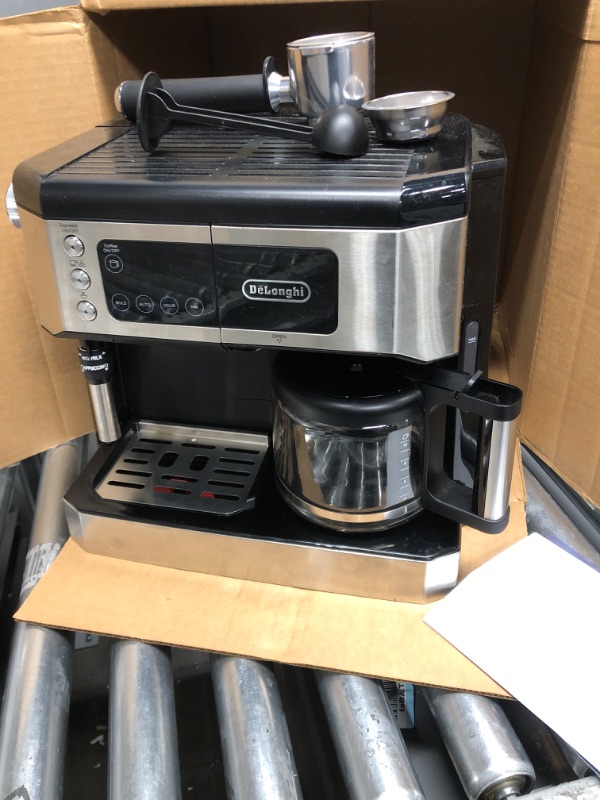 Photo 3 of **PARTS ONLY**
De'Longhi All-in-One Combination Coffee Maker & Espresso Machine + Advanced Adjustable Milk Frother for Cappuccino & Latte + Glass Coffee Pot 10-Cup, COM532M