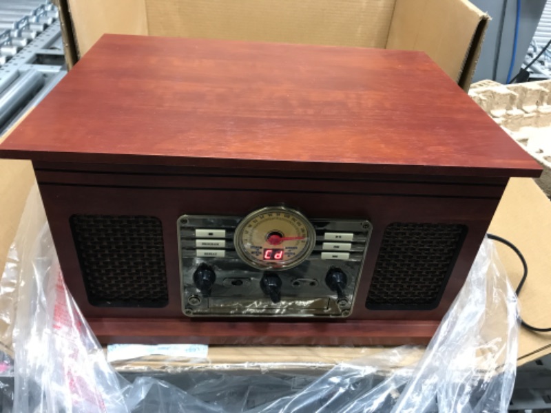 Photo 2 of Victrola Nostalgic 6-in-1 Bluetooth Record Player & Multimedia Center with Built-in Speakers - 3-Speed Turntable, CD & Cassette Player, FM Radio | Wireless Music Streaming | Mahogany Mahogany Entertainment Center