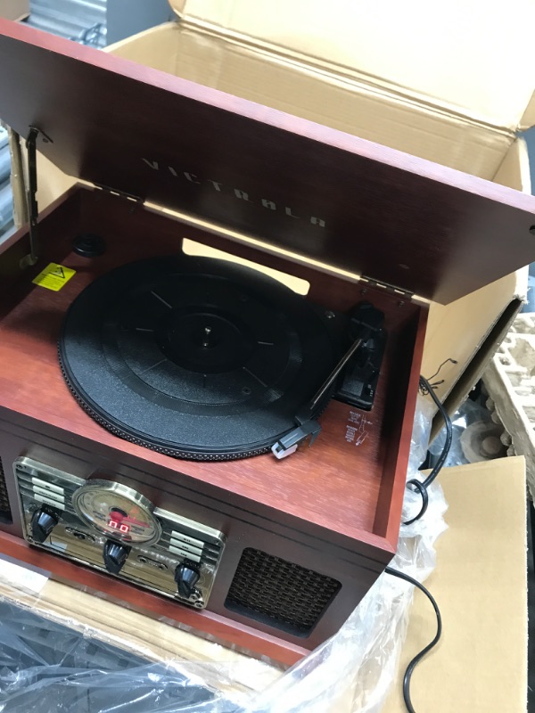 Photo 3 of Victrola Nostalgic 6-in-1 Bluetooth Record Player & Multimedia Center with Built-in Speakers - 3-Speed Turntable, CD & Cassette Player, FM Radio | Wireless Music Streaming | Mahogany Mahogany Entertainment Center