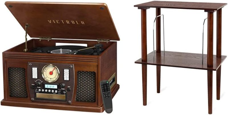 Photo 1 of Victrola VTA-600B-ESP Navigator 8-In-1 Classic Bluetooth Record Player with USB Encoding and 3-Speed Turntable, Brown & Wooden Stand for Wooden Music Centers with Record Holder Shelf, Espresso
