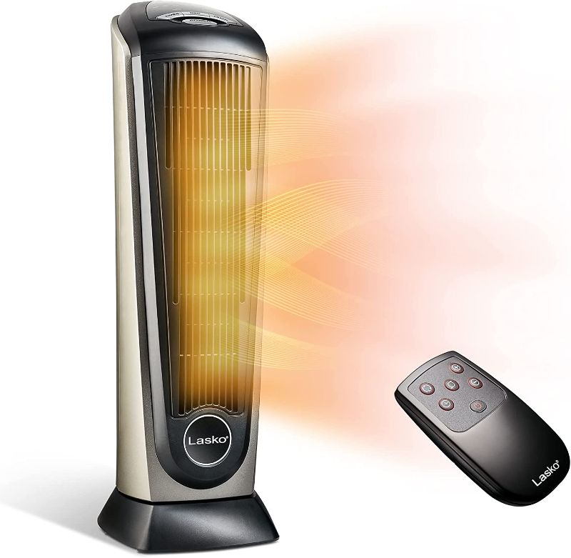 Photo 1 of **top is broken**
Lasko Oscillating Ceramic Tower Space Heater for Home with Adjustable Thermostat, Timer and Remote Control, 22.5 Inches, Grey/Black, 1500W, 751320
