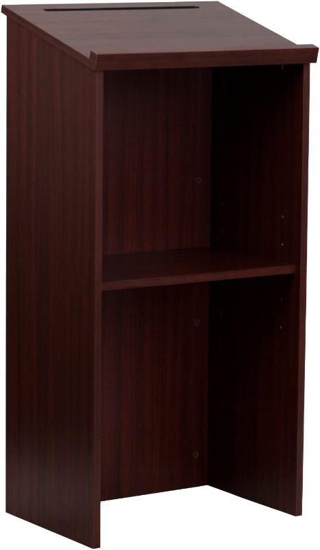 Photo 1 of Adir Podium Wood Stand- Standing Desk for Speakers with Storage Shelf Used as Wooden Standing Shelf for Church, Classroom, Office, Restaurants (46.25 Inches, Mahogany)
