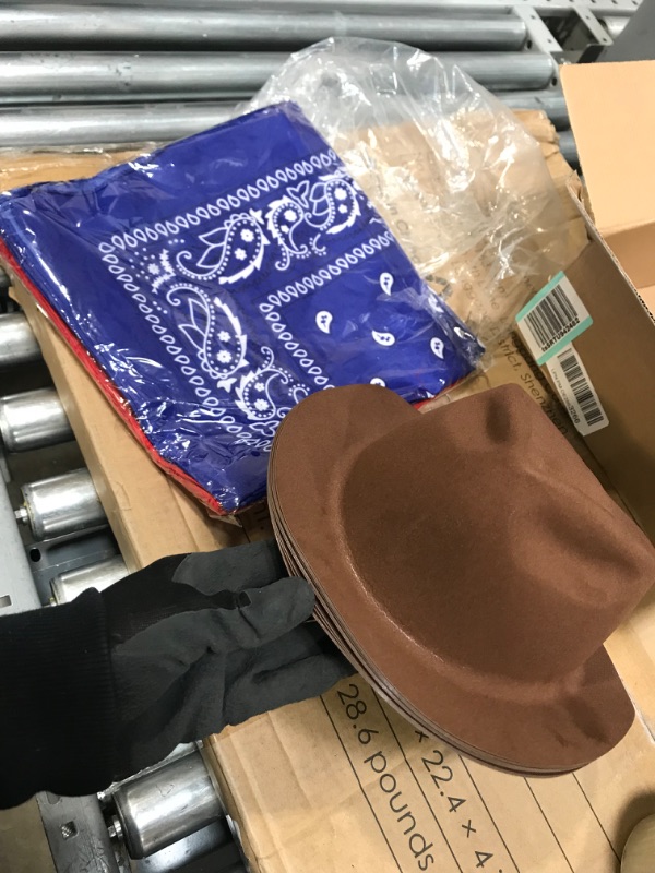 Photo 2 of Haysandy 24 Pieces Western Cowboy Hat Set, Felt Cowboy Themed Party Hats with Paisley Bandanas for Adult Kids Cowboy Costume Party (Brown, Red, Blue), Hat: about. 11.8 x 10 x 4 inches
