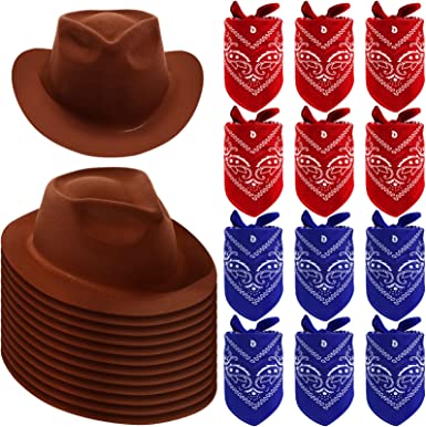 Photo 1 of Haysandy 24 Pieces Western Cowboy Hat Set, Felt Cowboy Themed Party Hats with Paisley Bandanas for Adult Kids Cowboy Costume Party (Brown, Red, Blue), Hat: about. 11.8 x 10 x 4 inches
