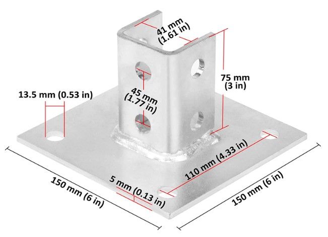 Photo 1 of 2 Pack Post Base Channel 10 Hole Square for 1-5/8” Strut, Carbon Steel, 2.8 lb/Unit, 0.22” Thickness, 6” x 6” Base, Durable Silver Lzmx-Channel Lzmx-Channel 1
