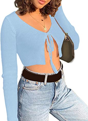 Photo 1 of xxxiticat Women's Front Tie Up Crop Top Shirt Long Sleeve Lace Up Knitted Open Cardigan V Neck Bolero Cropped Basic Tees (L)
