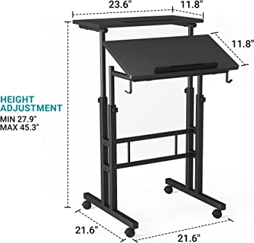 Photo 1 of Klvied Mobile Standing Desk with Cup Holder, Portable Stand Up Desk, Adjustable Height Small Standing Desk, Rolling Desk with Wheels, Home Office Laptop Cart, Computer Desk for Standing or Sitting - Black