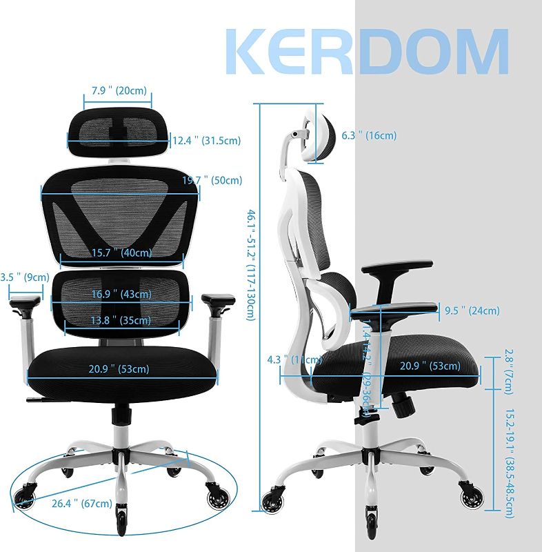 Photo 1 of KERDOM Ergonomic Office Chair, Home Desk Chair, Comfy Breathable Mesh Task Chair, High Back Thick Cushion Computer Chair with Headrest and 3D Armrests, Adjustable Height Home Gaming Chair F-White
