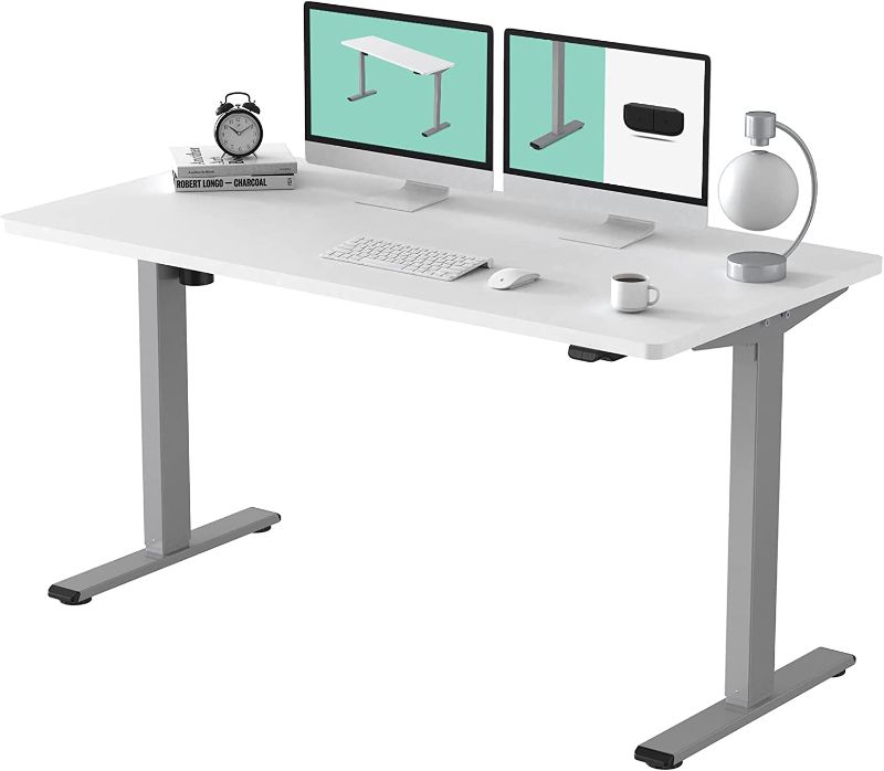 Photo 1 of FLEXISPOT EC1 Essential 55 x 28 Inches Electric Stand Up Desk Workstation, Whole-Piece Desk Board Home Office Computer Standing Table, Height Adjustable Desk 2 Packages (Gray Frame + 55" White Top)
