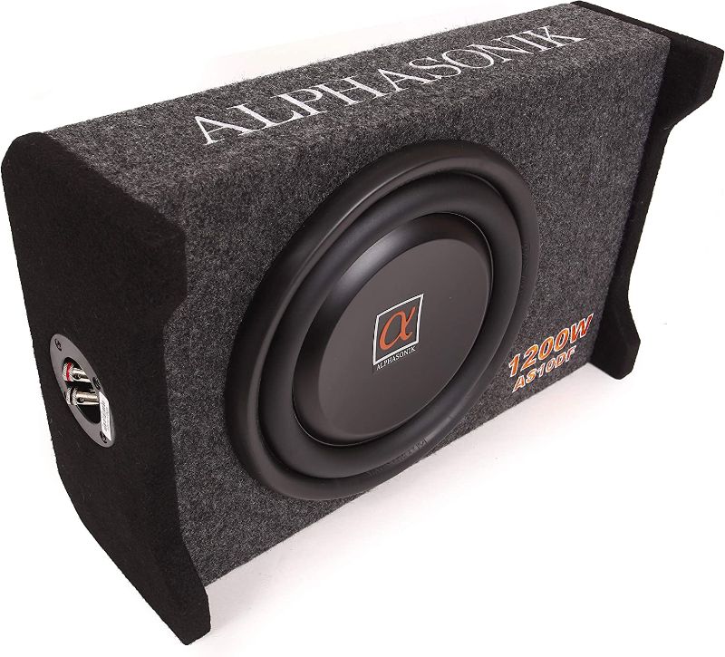 Photo 1 of Alphasonik AS10DF 10" 1200 Watts 4-Ohm Down Fire Shallow Mount Flat Enclosed Sub woofer for Tight Spaces in Cars and Trucks, Slim Thin Loaded Subwoofer Air Tight Sealed Bass Enclosure
