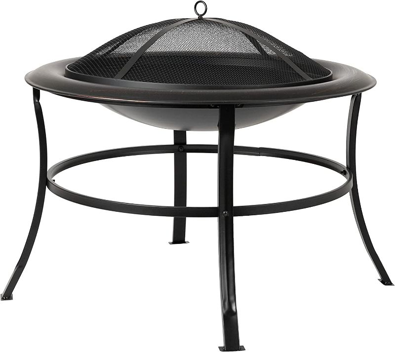 Photo 1 of  Fire Pit Tokia Steel Wood Burning Lightweight Portable Outdoor Firepit Rounded Lip & Curved Legs Included Wood Grate & Screen Lift Tool - 30" Round - Black