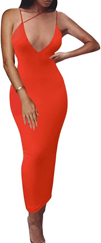 Photo 1 of PRIMODA Women's Sexy Neon Asymmetrical Spaghetti Strap Dress Deep V-Neck Sleeveless Bodycon Midi Club Dress large 
