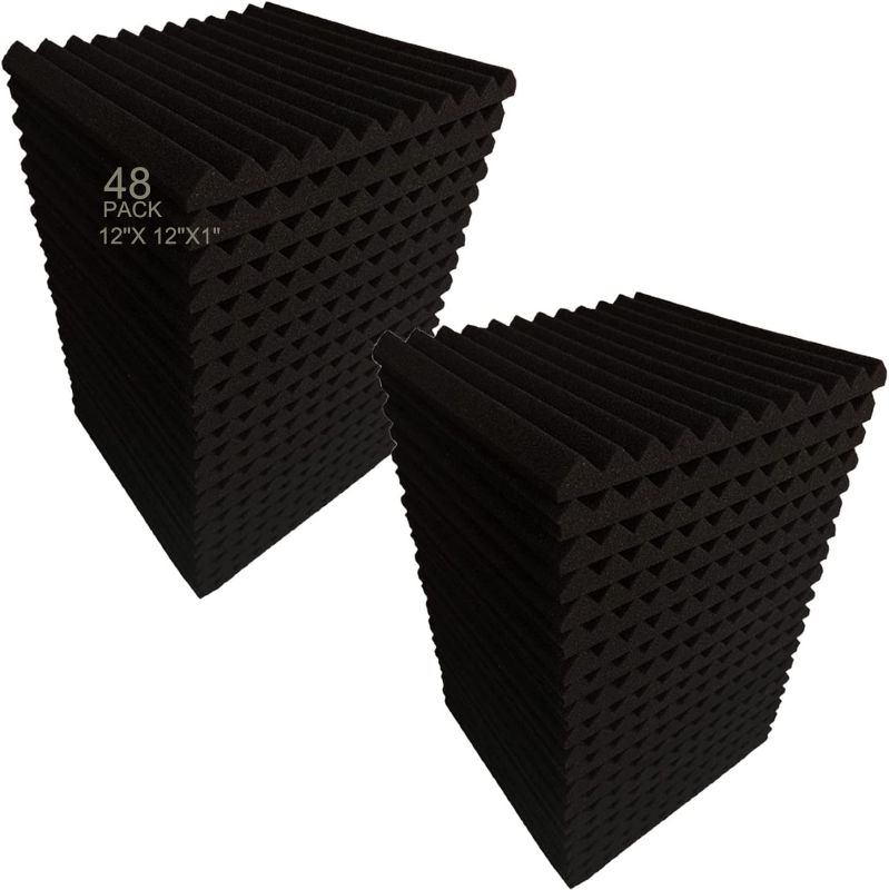 Photo 1 of 48 Pack Black 1" x 12" x 12" Acoustic Grid Studio Foam Sound Absorption Wall Panels
