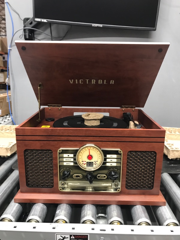 Photo 2 of Victrola Nostalgic 6-in-1 Bluetooth Record Player & Multimedia Center with Built-in Speakers - 3-Speed Turntable, CD & Cassette Player, FM Radio | Wireless Music Streaming | Mahogany Mahogany Entertainment Center