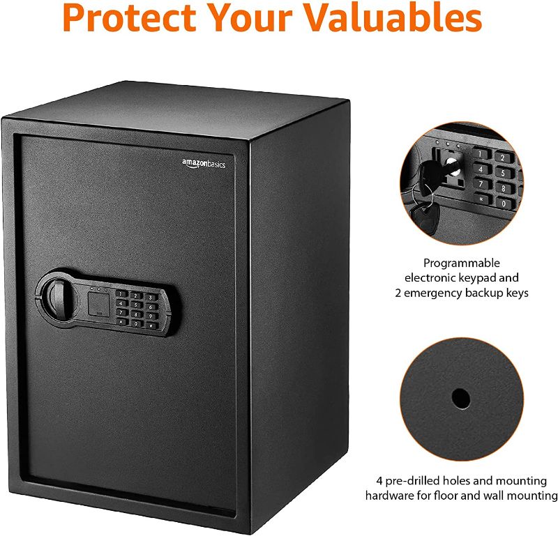 Photo 1 of 
Amazon Basics Steel Home Security Safe with Programmable Keypad - Secure Documents, Jewelry, Valuables - 1.8 Cubic Feet, 13.8 x 13 x 19.7 Inches, Black
