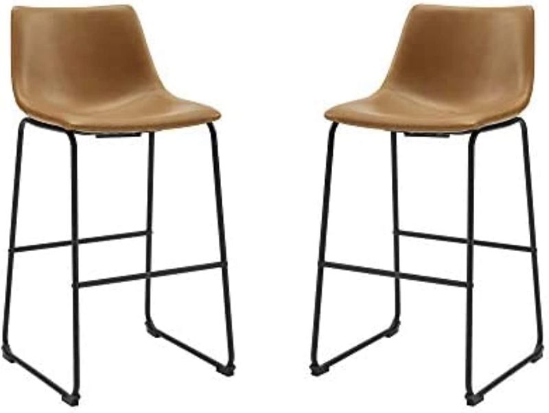 Photo 1 of *DAMAGED* Walker Edison Douglas Urban Industrial Faux Leather Armless Lounge Kitchen Bar Chairs, Set of 2, Whiskey Brown
